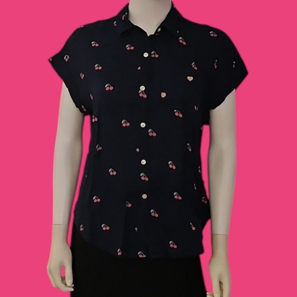 3/$30 TRUE CRAFT Navy Blue Pink Cherry Button Down Oversized  Short Sleeve Shirt - Picture 1 of 12